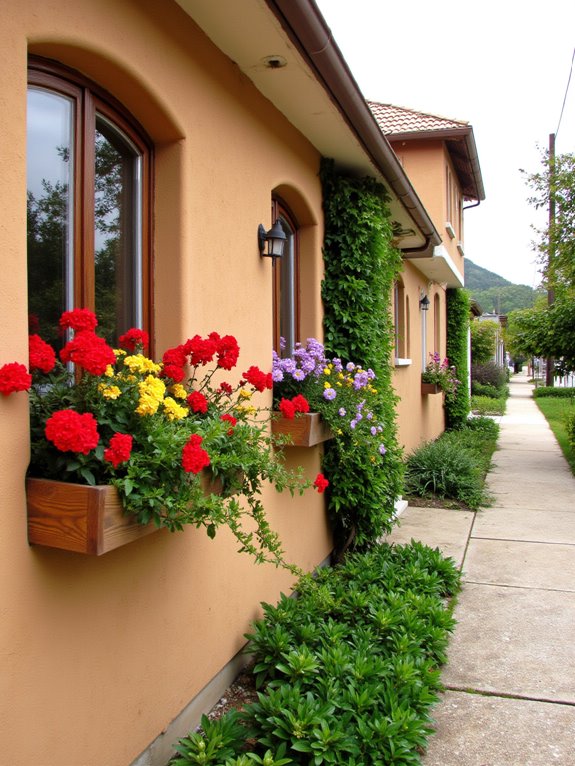 vibrant flower filled window boxes