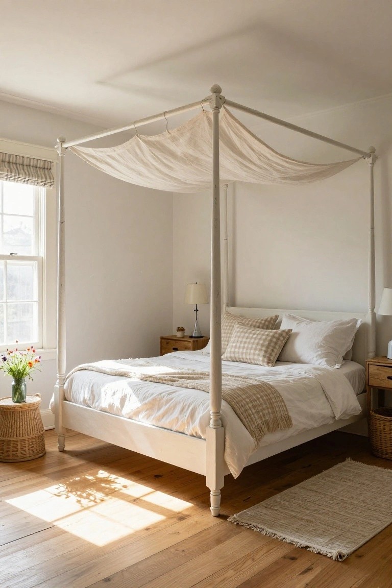 White four-poster bed with beige sheer canopy drapes in a neutral bedroom with white walls, wooden floors, nightstands, lamps, pillows, and a vase of flowers near a window.