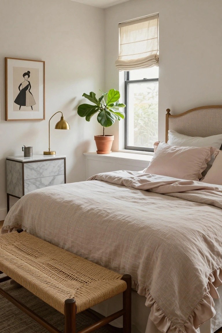 Bedroom with beige linen bedcover and ruffled edges, pink and white pillows on a beige upholstered headboard, rattan bench at foot of bed, marble nightstand with gold lamp, potted fiddle leaf fig plant by window with beige shade.