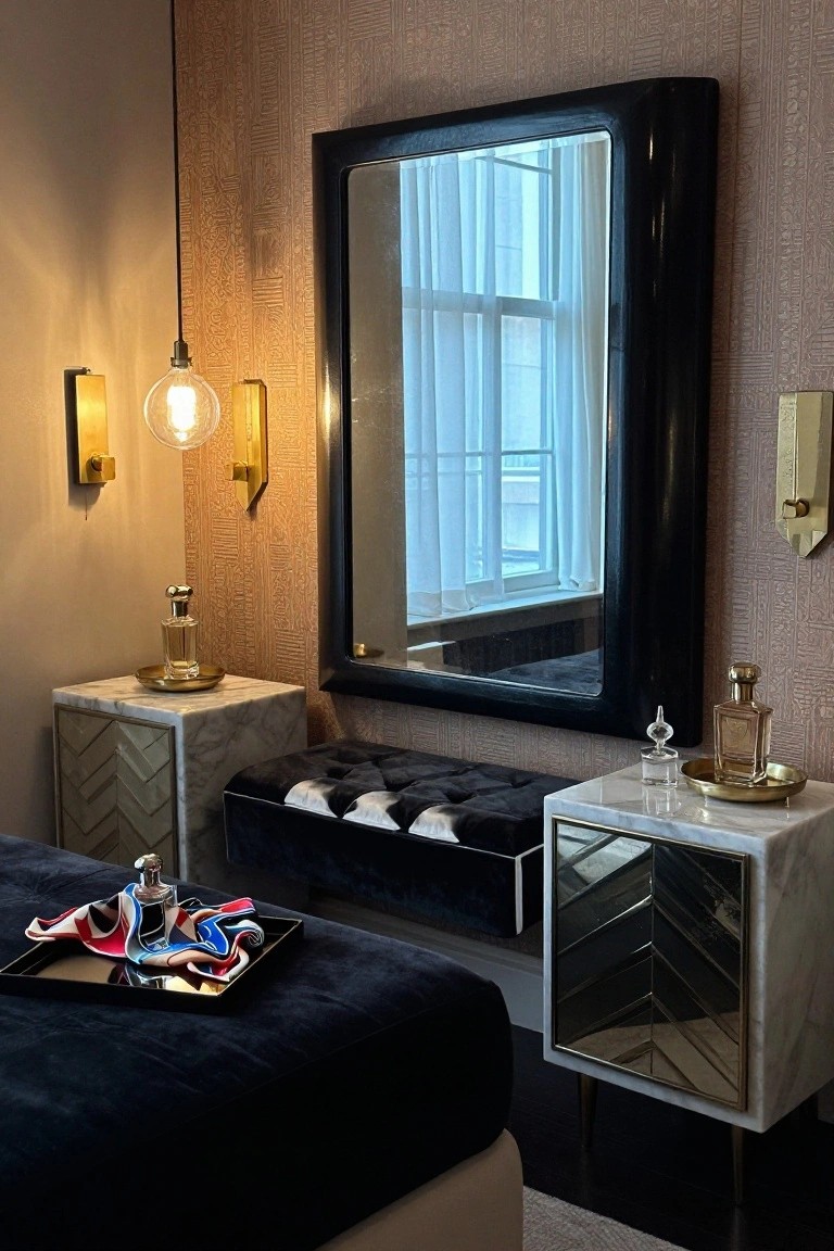 Large black-framed mirror on a textured beige wall above a black velvet tufted bench flanked by marble side tables with gold lamps, perfume bottles, and trays in a bedroom corner.