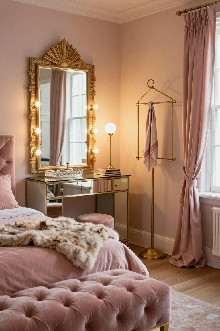 A bedroom with blush pink walls and velvet bed draped in a fur throw, gold-framed mirror above a glass-topped vanity, gold coat rack, pink curtains at the window, and pink footstool.