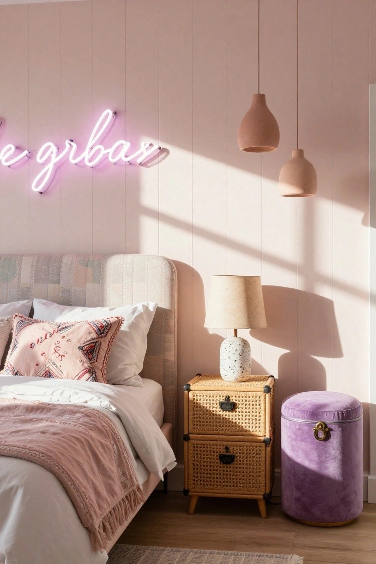 Bedroom interior with blush pink paneled walls, upholstered bed with white bedding pink throw and embroidered pillows, rattan nightstand with ceramic lamp, purple velvet stool, terracotta pendant lights, and pink neon sign on wall.
