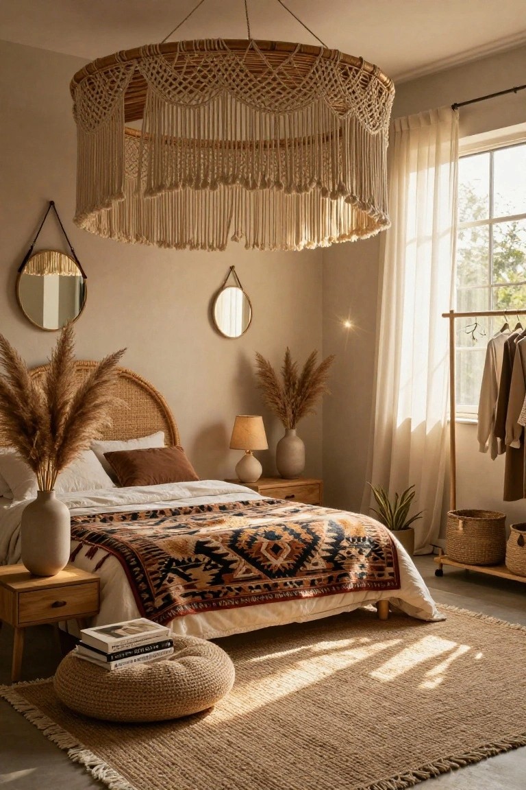 Bohemian bedroom with macramé chandelier, patterned quilt, pampas grass, and jute rug.