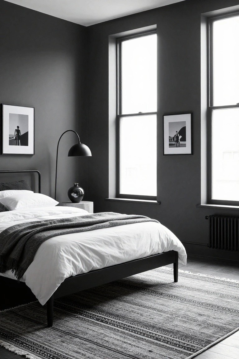 Bedroom with dark gray walls, two large sash windows, black metal bed frame with white sheets and pillows plus gray throw, arc floor lamp, black and white photos in frames, concrete side table with black vase, radiator, and striped gray rug on wood floor.