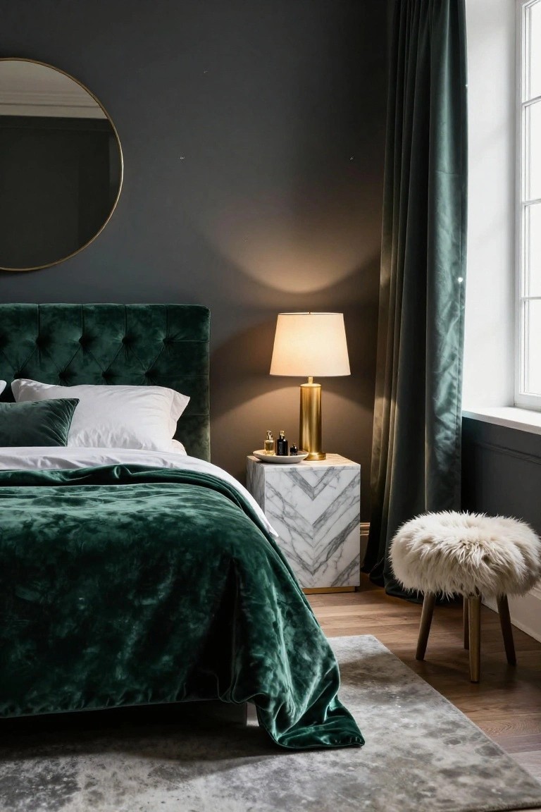 Bedroom with tufted emerald green velvet headboard and duvet, white sheets, green pillows, brass lamp on white marble side table, green velvet curtains, round gold mirror, and dark gray walls.
