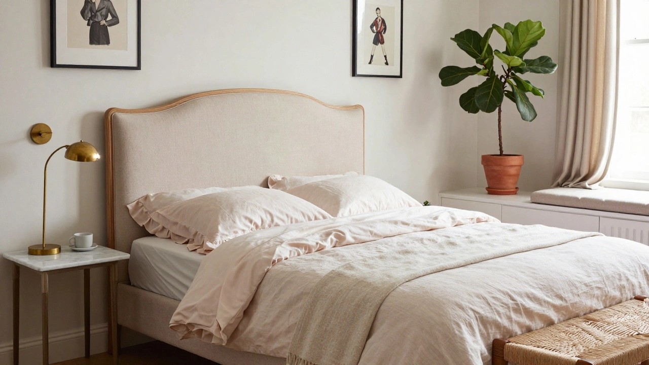 Bedroom with beige linen bedcover and ruffled edges, pink and white pillows on a beige upholstered headboard, rattan bench at foot of bed, marble nightstand with gold lamp, potted fiddle leaf fig plant by window with beige shade.