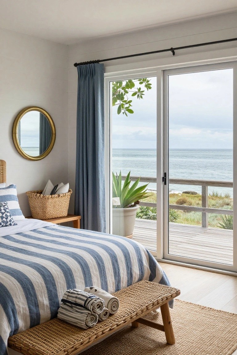 Bedroom with rattan headboard and foot bench holding stacked folded linens, striped bedding, woven basket on side table, round gold mirror on wall, blue drapes on sliding glass doors to deck with ocean view and potted agave.