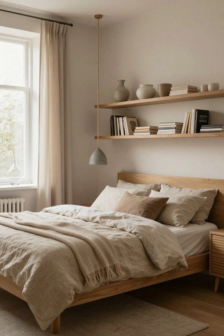 A bedroom with a light oak platform bed covered in beige linen duvet and pillows, matching wooden nightstand, floating oak shelves above displaying books and ceramic pots, a gray pendant light hanging over the bed, sheer curtains on a window, and hardwood floors.
