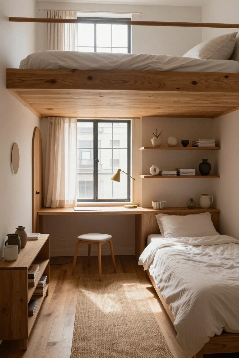 Small bedroom with elevated wooden loft bed above a desk, neutral white bedding, wooden shelves with ceramics, beige walls, and window with sheer curtains.