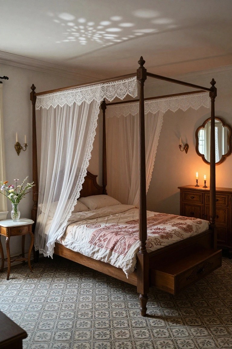 Wooden four-poster bed with white lace-trimmed sheer canopy drapes partially open, made bed with pink floral quilt, wooden dresser, candles, and vase of flowers in a tiled-floor bedroom.