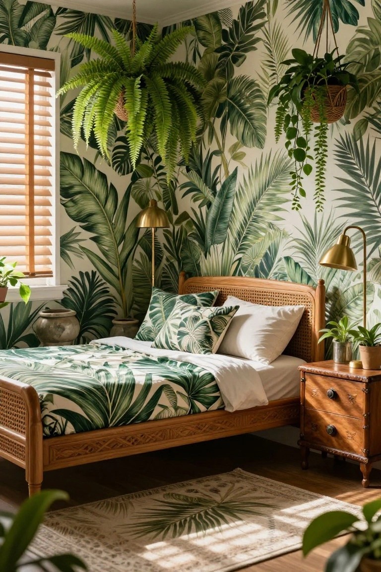 Bedroom with green palm leaf wallpaper on walls and bedding, rattan bed frame, wooden nightstand, brass lamps, hanging ferns, and potted plants.