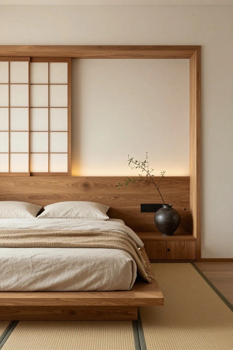 Minimalist Japanese bedroom with wooden bed, shoji screen, and vase.