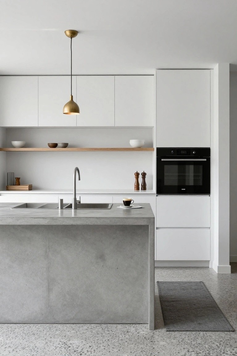 Modern kitchen with white cabinets, large gray concrete island containing a double sink, brass pendant light overhead, open oak shelving, and gray terrazzo flooring.