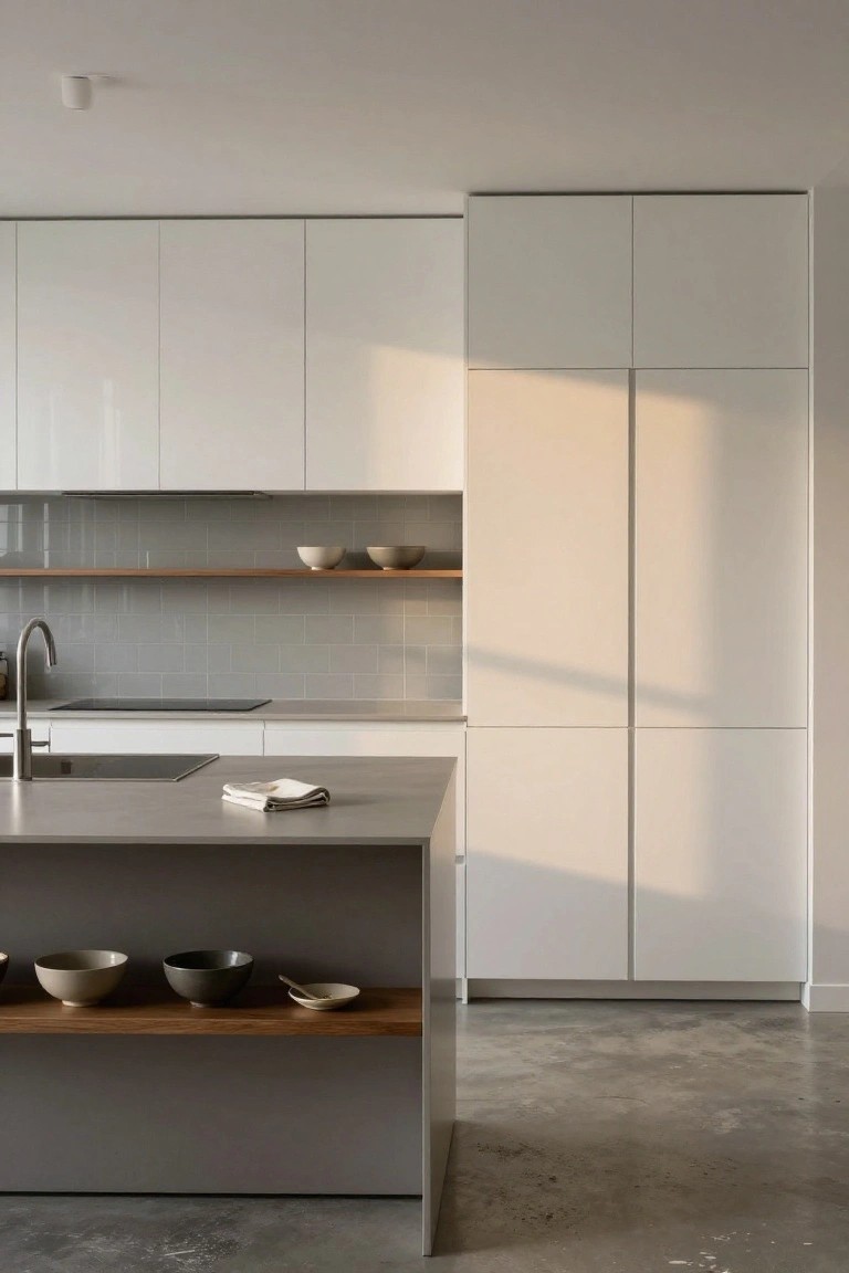 Modern kitchen with handleless white cabinets, tall white pantry doors, gray center island, gray subway tile backsplash, wood open shelves holding ceramic bowls, and polished concrete floor.