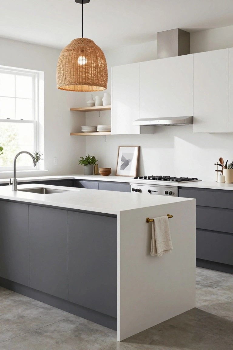 Modern kitchen with white upper cabinets, gray lower cabinets and island, white quartz countertops, rattan pendant light over the island, floating wood shelves, stainless appliances, and polished concrete floor.