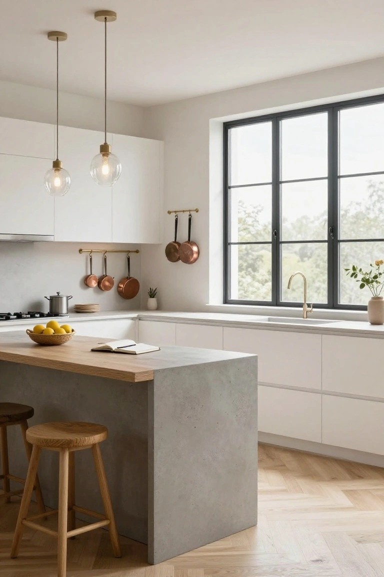 Modern white kitchen with flat-panel cabinets, central gray concrete island topped with wood on one side, wooden bar stools, hanging glass pendant lights with brass fittings, copper pots on a wall rail, and large black-framed windows overlooking trees.