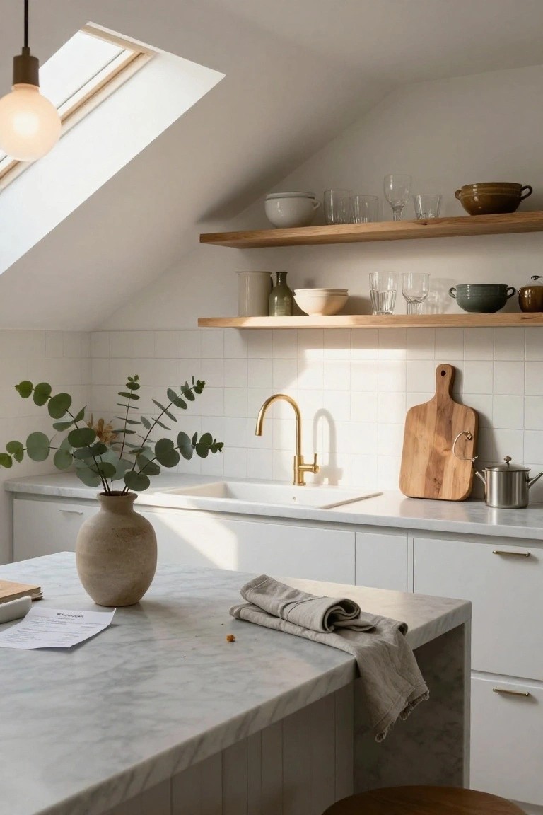 Modern white kitchen with marble island countertop, gold faucet, wooden open shelves displaying ceramics and glassware, eucalyptus branches in a terracotta vase on the counter, wooden cutting board on tiled backsplash, and pendant light under skylight.