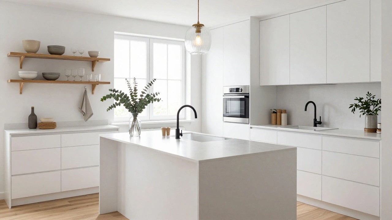 Modern white kitchen with central island featuring white quartz countertop, open light wood shelving holding ceramic bowls and plates, black faucet, eucalyptus in vase, and white cabinets along one wall.