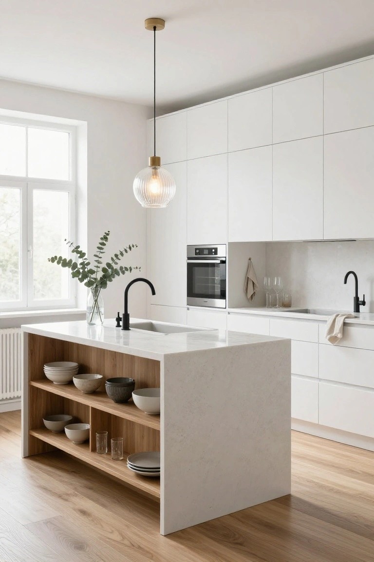 Modern white kitchen with central island featuring white quartz countertop, open light wood shelving holding ceramic bowls and plates, black faucet, eucalyptus in vase, and white cabinets along one wall.