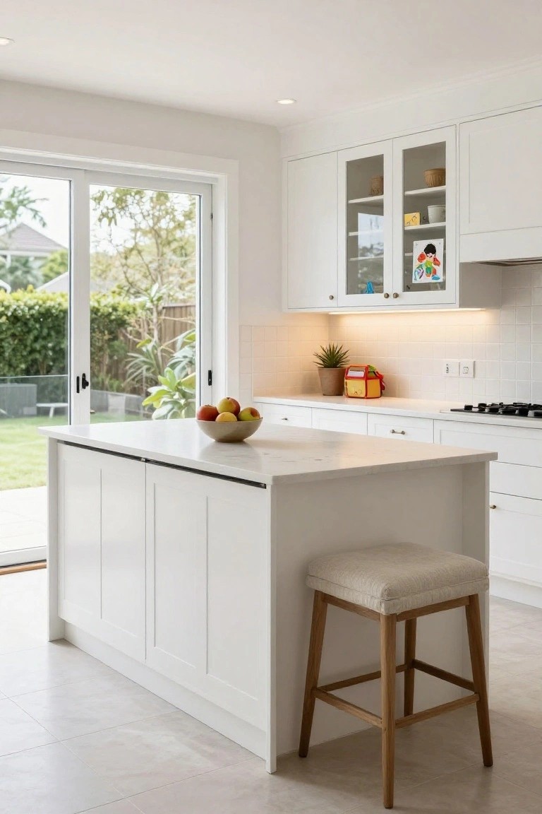 Modern white kitchen with central white island topped by a bowl of apples, white shaker-style cabinets, under-cabinet lighting, gas cooktop, sliding glass doors to backyard garden, and a wooden stool at the island.