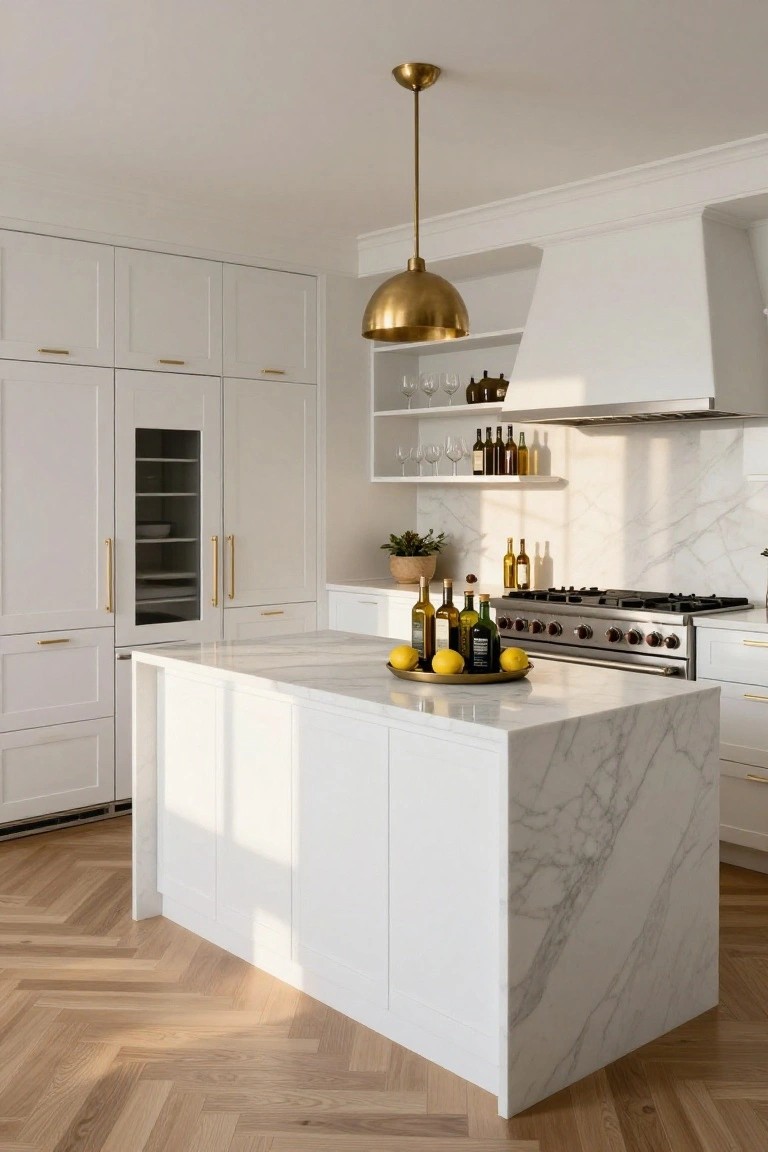 Modern white kitchen with shaker-style cabinets, gold hardware and pendant light, large island topped with white veined marble, white range hood over gas range, and herringbone wood flooring.