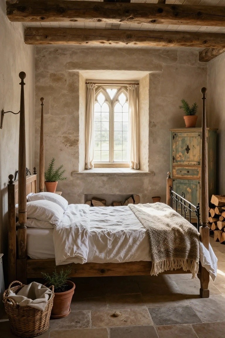 Cozy bedroom interior featuring exposed beige stone walls, dark wooden beamed ceiling, wooden four-poster bed with white linens and wool throw, Gothic arched window with sheer curtains, antique green cabinet, firewood stack, and potted plants on stone tile floor.