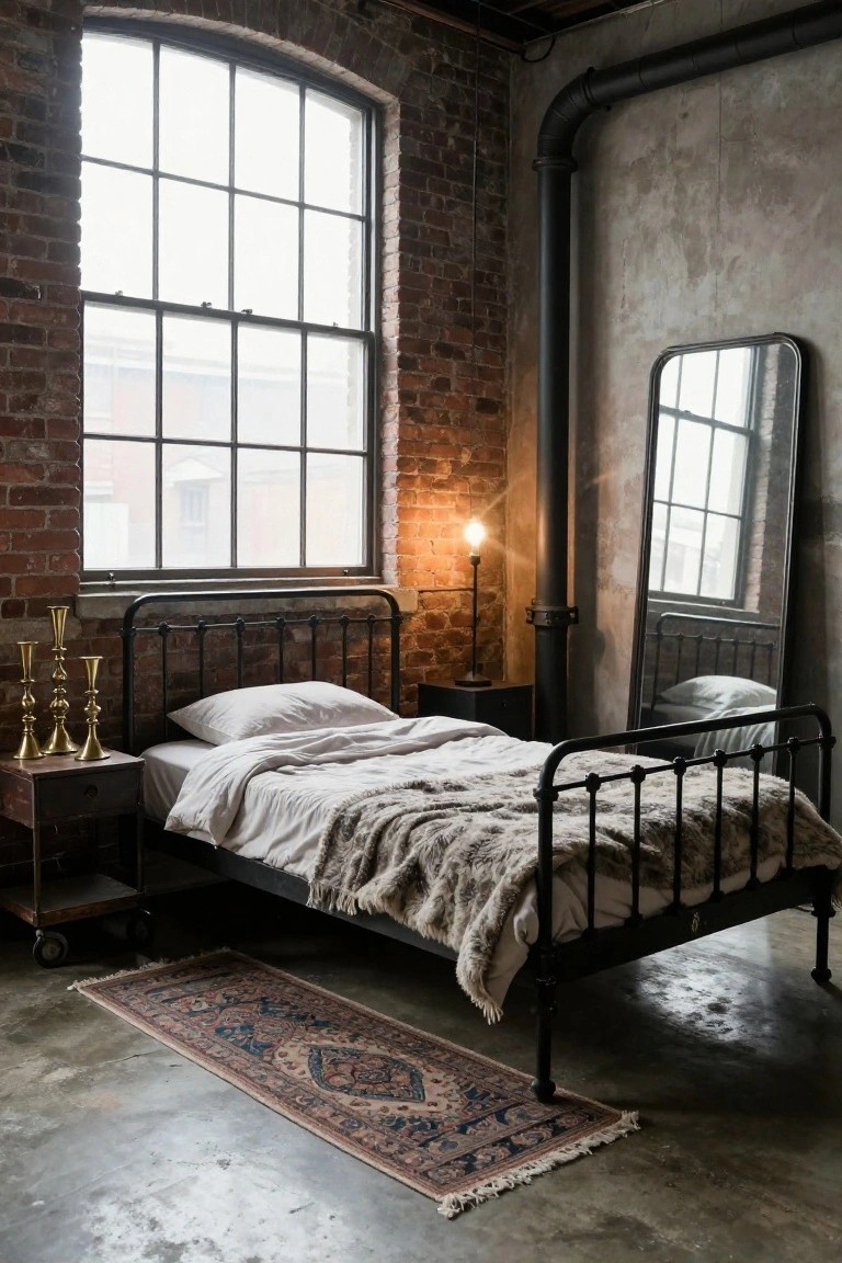 A loft bedroom with black metal bedframe, white bedding, fur throw, exposed brick walls, concrete floor, large arched windows, black pipes, gold candelabras, and a full-length mirror.
