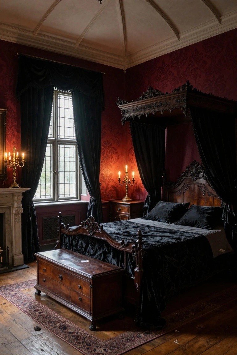 A gothic bedroom interior with a large carved four-poster bed draped in black velvet, deep red patterned walls, wooden furniture including a chest and nightstand, candelabras, and a stone fireplace.