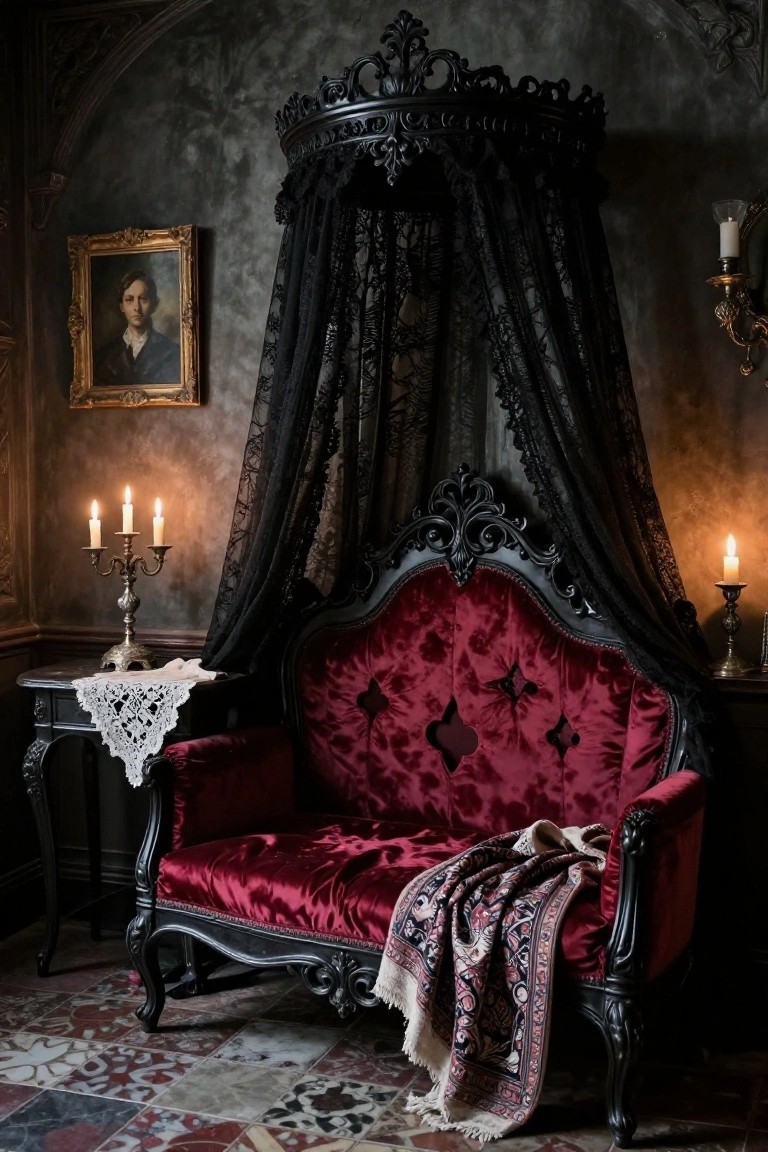 Gothic interior with a black lace canopied red velvet chaise lounge, candelabras on a table, a portrait painting on the wall, and tiled floor.