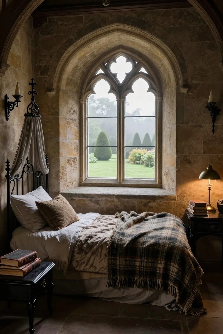 Stone-walled bedroom with low white bed under plaid blanket next to tall arched window overlooking misty gardens and topiaries, iron sconces on walls, small desk with lamp and stacked books.