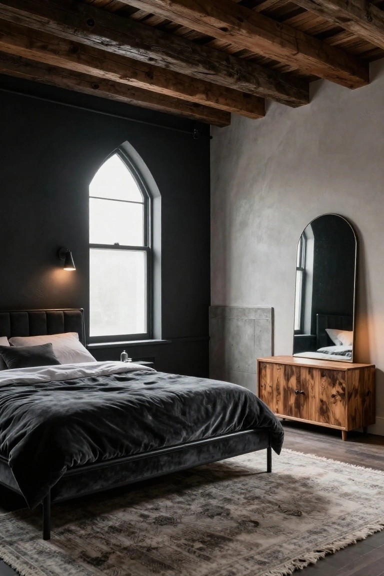 Moody bedroom interior featuring dark walls, exposed wooden ceiling beams, tall arched window, black velvet upholstered bed, wooden dresser, arched black mirror, wall lamp, and neutral rug on wood floor.