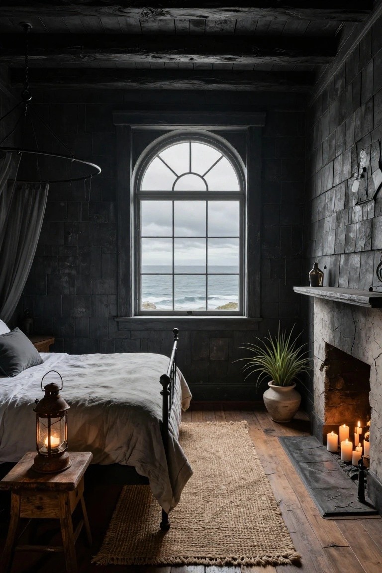 Dark plank-walled bedroom with arched window showing ocean view, metal bed frame with white sheets and pillows, candles on stone fireplace mantel, potted plant, and bedside lantern.