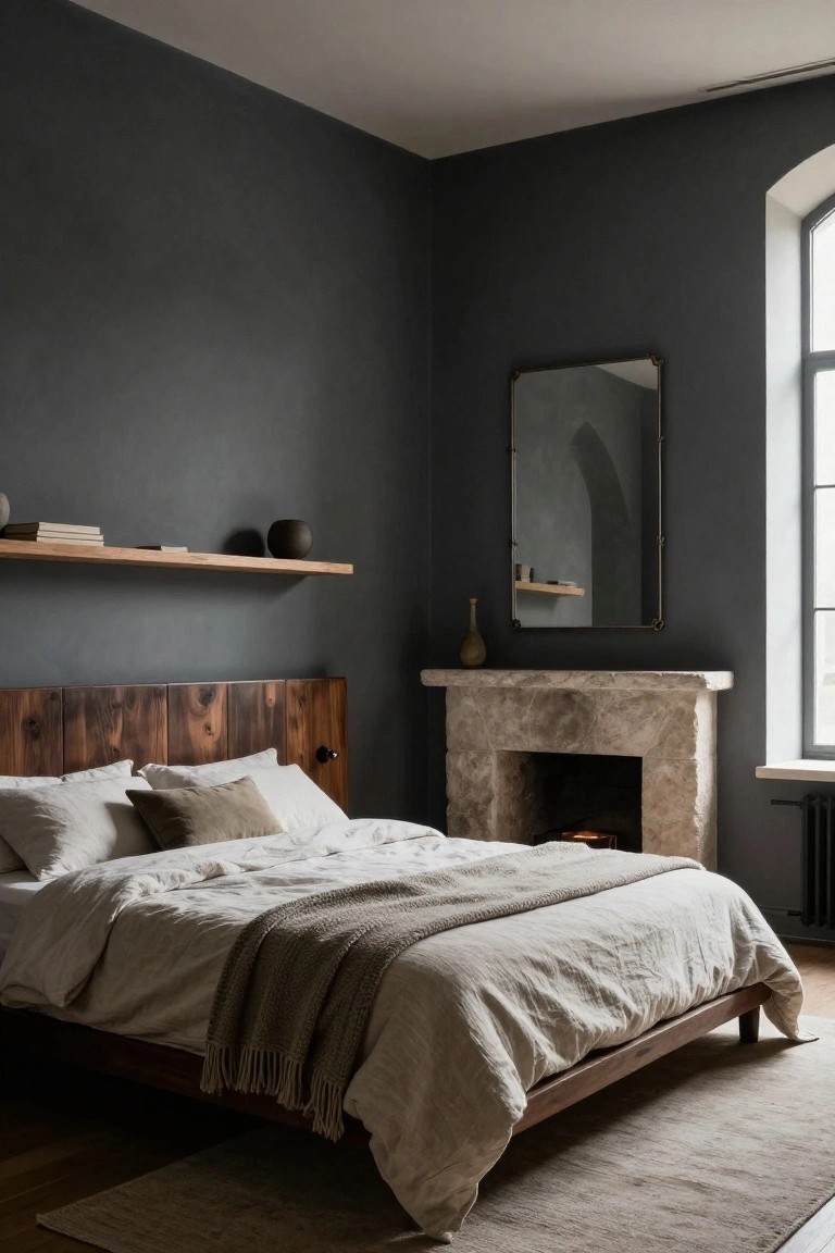 Bedroom corner featuring dark gray walls, a low wooden platform bed with white linens and gray throw, adjacent stone fireplace with fire lit, floating wooden shelves with books and ceramics, brass-framed mirror, and arched window.