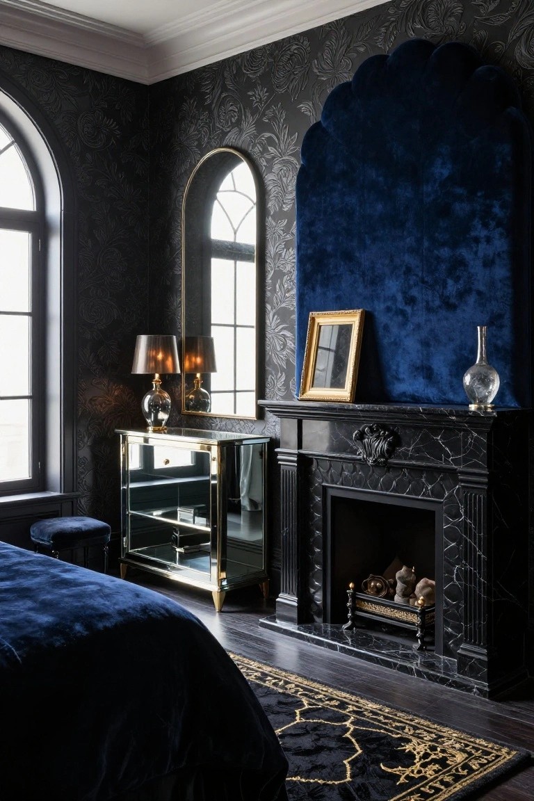 A Gothic bedroom interior with black floral-patterned wallpaper, a large arched blue velvet headboard, gold console table and lamps, and an ornate black marble fireplace with log holder.