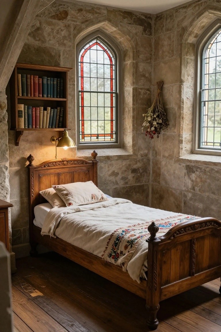 Small antique wooden bed with white linens and embroidered quilt in a corner of a stone-walled room with Gothic arched stained glass windows, wooden bookshelves, dried herbs, and a brass wall lamp.