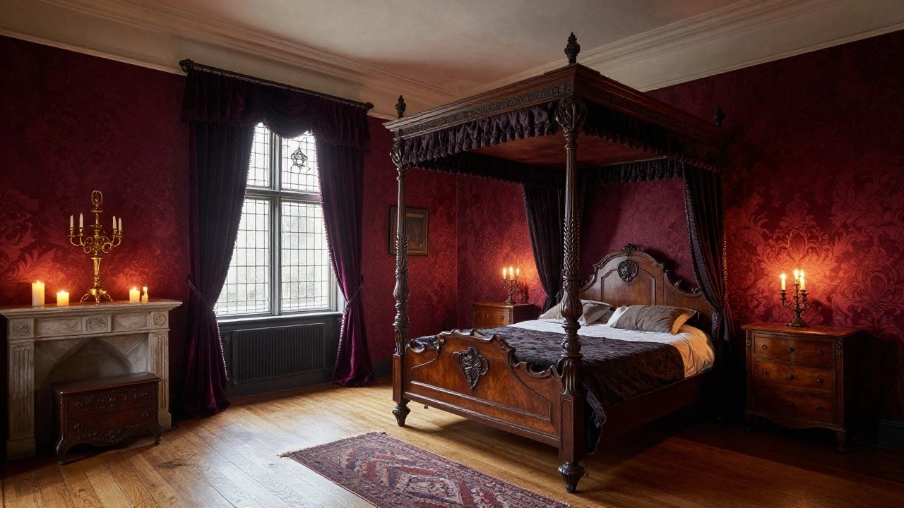 A gothic bedroom interior with a large carved four-poster bed draped in black velvet, deep red patterned walls, wooden furniture including a chest and nightstand, candelabras, and a stone fireplace.