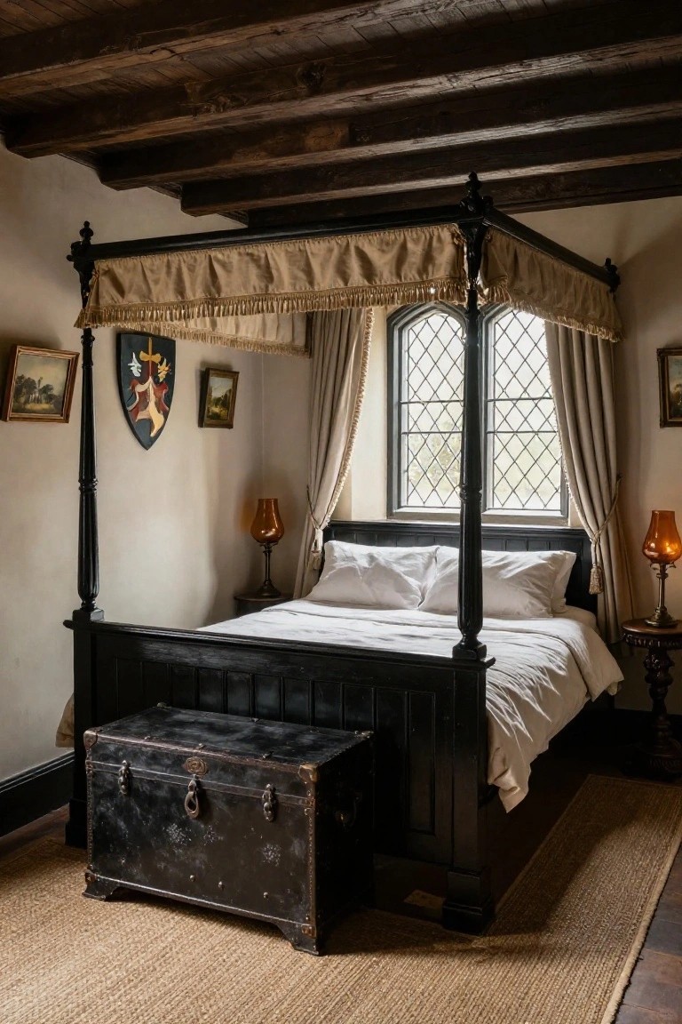 A bedroom interior with exposed dark wooden beams on the ceiling, a tall black four-poster bed with beige canopy drapes and white bedding, a red and gold heraldic shield on the wall, small framed paintings, leaded gothic window with cream curtains, brass lamps, wooden chest at the bed's foot, and seagrass rug on wooden floor.