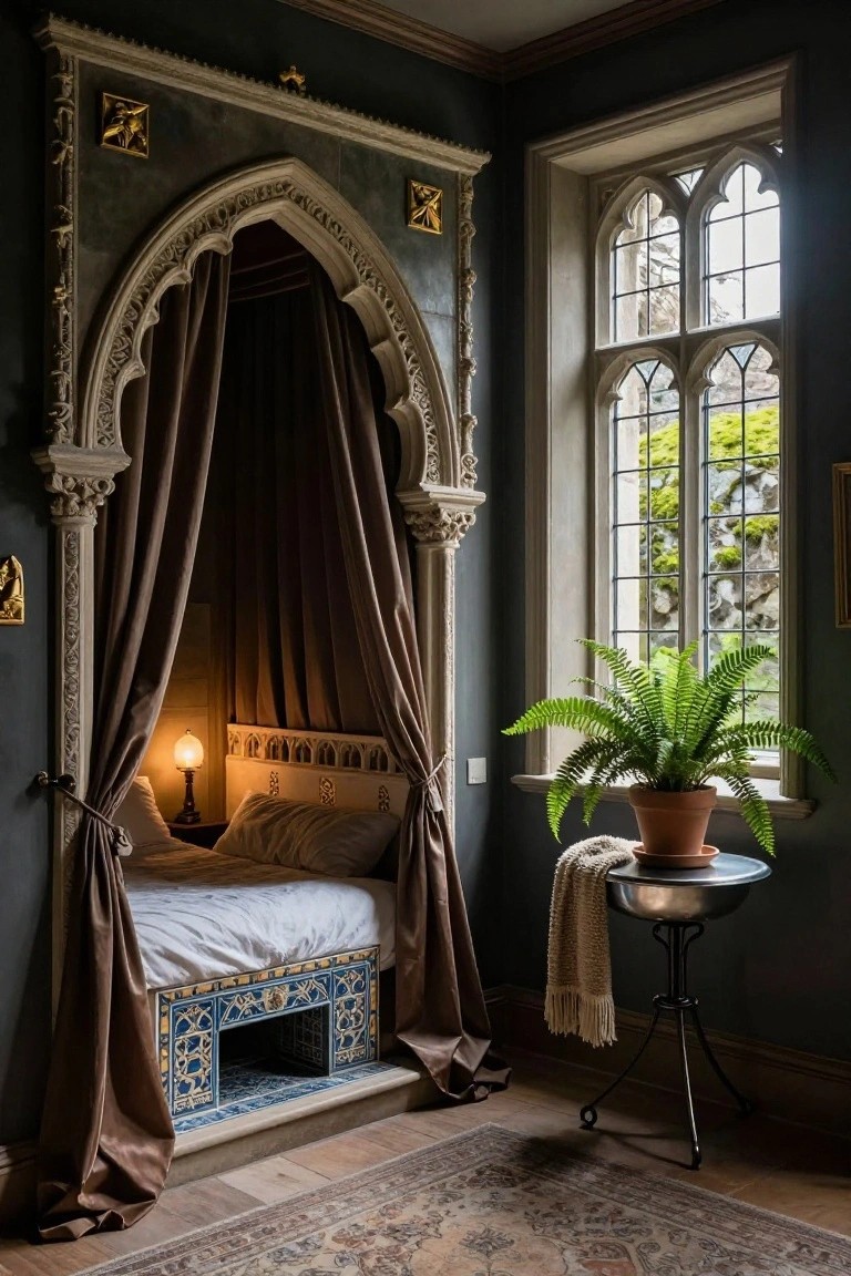 A bedroom corner with a recessed bed inside a tall Gothic arched stone alcove featuring draped brown curtains, a lit bedside lamp, white bedding, blue tiled base, and a potted fern on a metal stand nearby a leaded window.