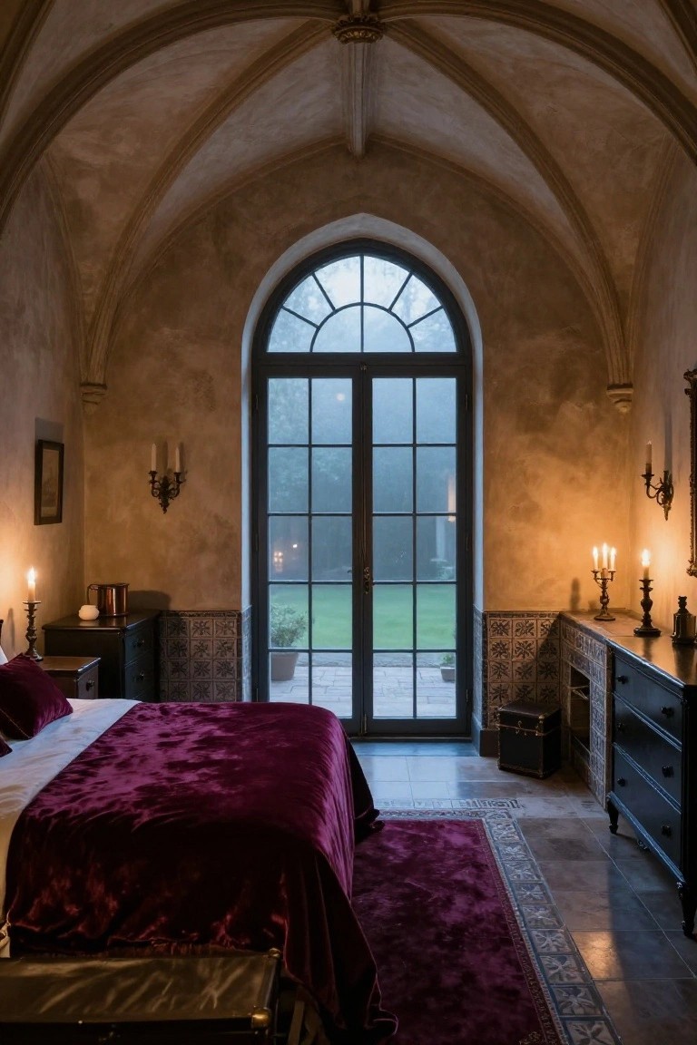 Gothic bedroom interior with barrel-vaulted stone ceiling, arched French doors to garden patio, large bed draped in burgundy velvet, candle sconces, antique wooden furniture, and tiled accents.