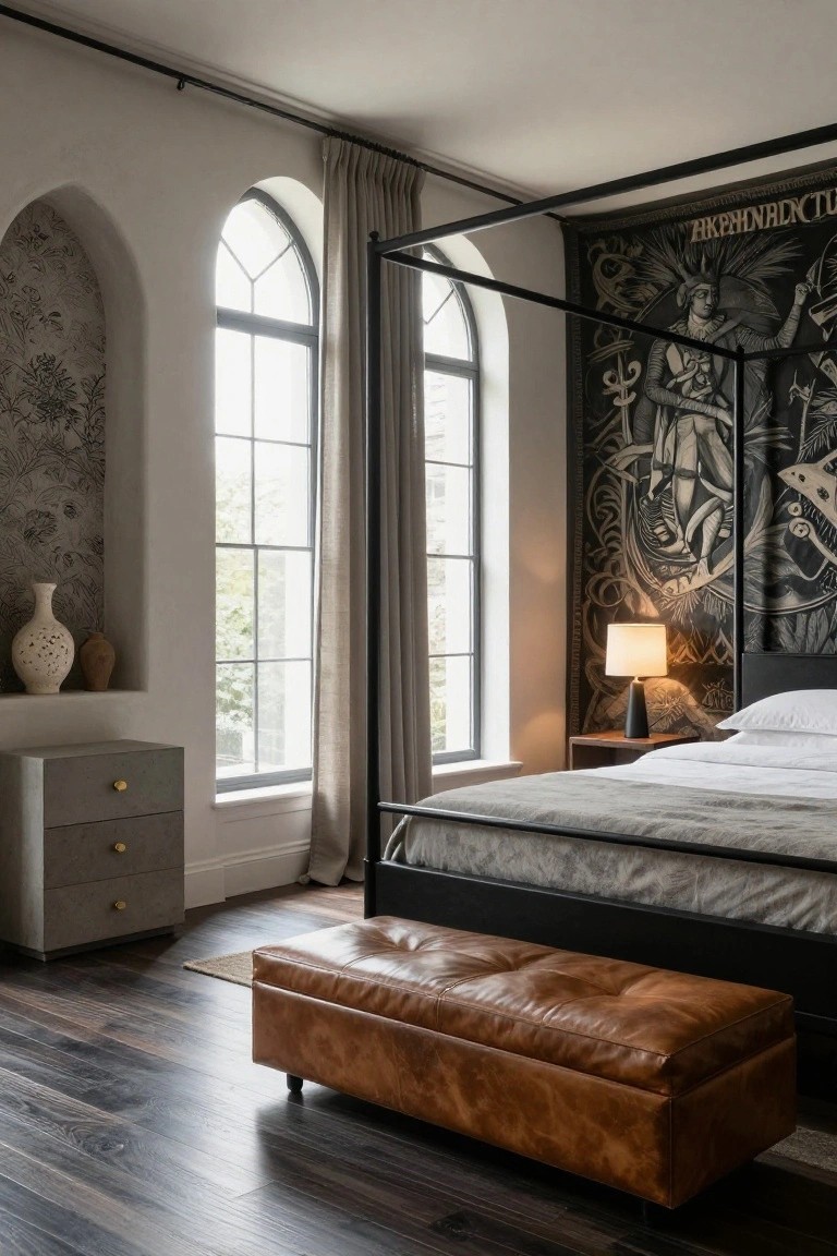 Bedroom interior with black metal canopy bed and gray linens against a wall featuring a large black and white gothic tapestry of a robed figure with wings and script, arched windows with sheer curtains, gray nightstand with lamp, and tan leather bench on wood floor.