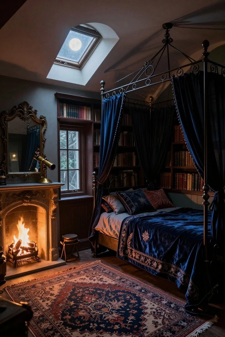 Cozy moonlit bedroom with canopy bed, fireplace, and bookshelves.