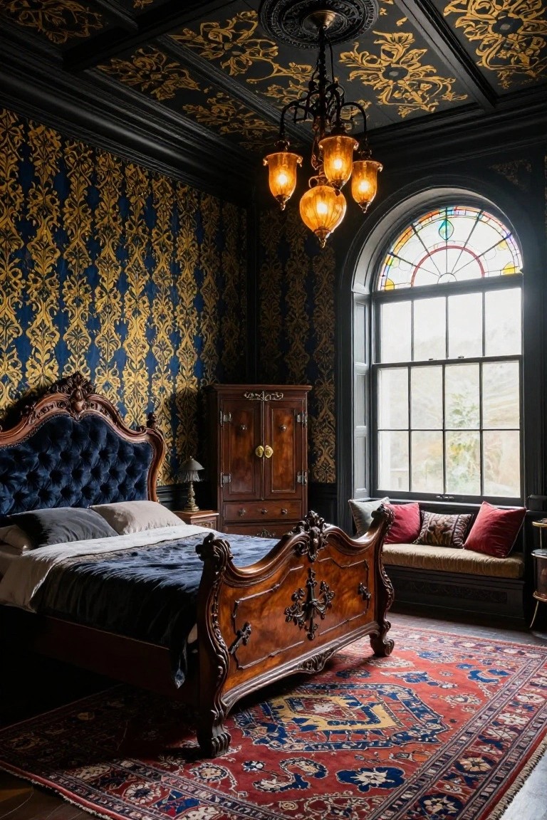 Gothic bedroom interior with navy blue damask wallpaper and gold accents on walls and ceiling, ornate carved wooden bed with tufted navy headboard, matching armoire, chandelier, stained glass arched window, and red rug.