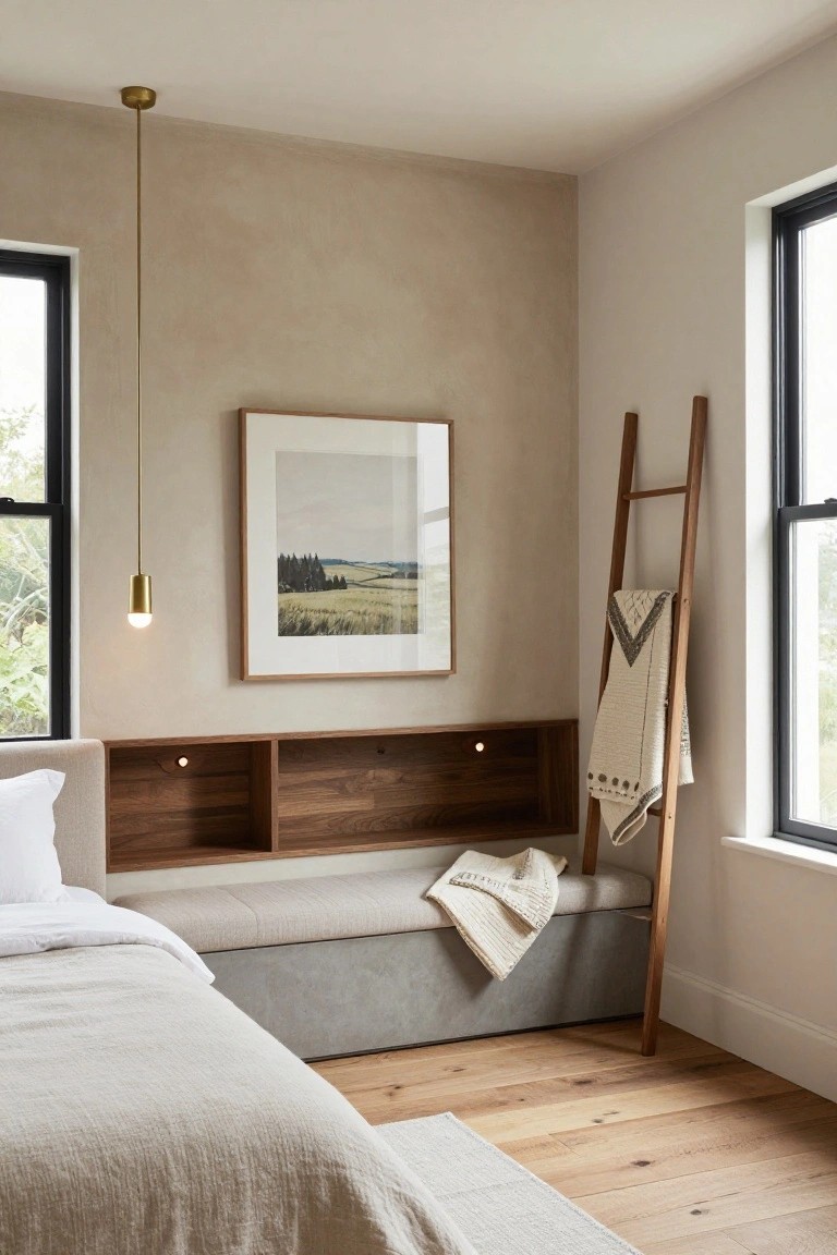 Corner of a light bedroom with bed against built-in walnut shelving and gray bench seat, wooden ladder draped with white blankets, gold pendant light, framed landscape art, and black-framed windows.