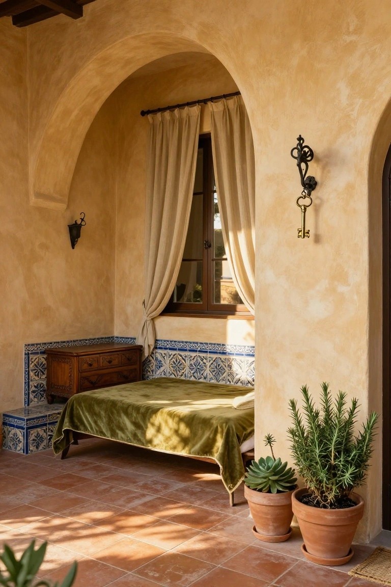 A low wooden daybed with green velvet blanket sits under a beige stucco archway on a terracotta-tiled terrace, next to blue tiled drawers, potted rosemary and succulents, with beige curtains on a window and wall sconces.