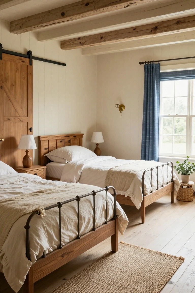 Country bedroom with exposed wooden ceiling beams, two wooden twin beds with white linens and woven throws, matching nightstands with ceramic lamps, a sliding barn door, blue plaid curtains on a window, and a potted plant on a stool.