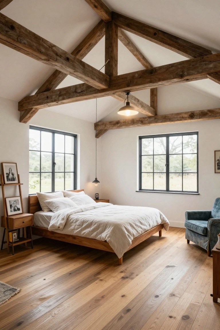Bedroom interior featuring dark exposed wooden ceiling beams, white walls, black-framed windows with views of trees and fields, wooden bed with white bedding, wooden nightstand, blue armchair, and wide-plank oak flooring.