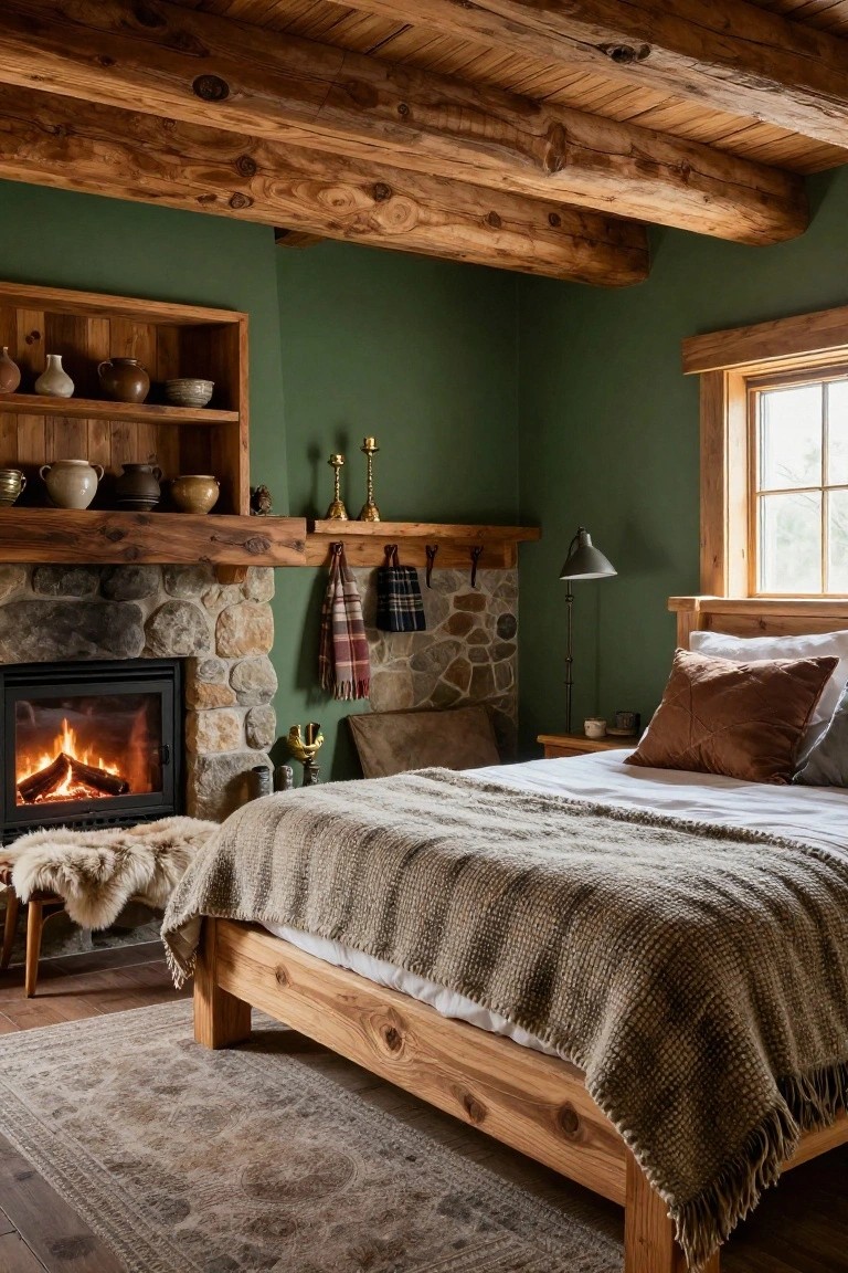 Cozy bedroom interior with green walls, exposed wooden beams on the ceiling, stone fireplace burning wood, wooden bed draped in knitted throw and sheepskin rug nearby, pottery on wooden shelves, and bedside table with lamp.