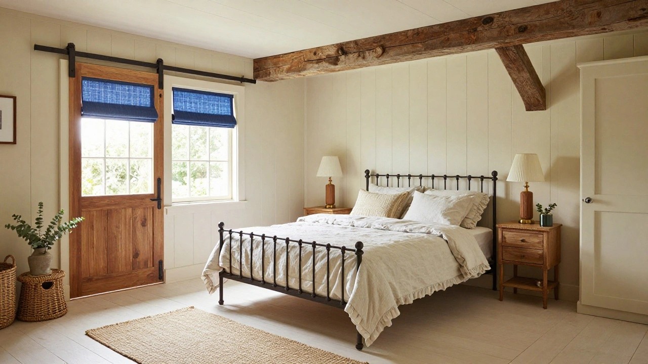 Country bedroom with exposed wooden ceiling beams, two wooden twin beds with white linens and woven throws, matching nightstands with ceramic lamps, a sliding barn door, blue plaid curtains on a window, and a potted plant on a stool.