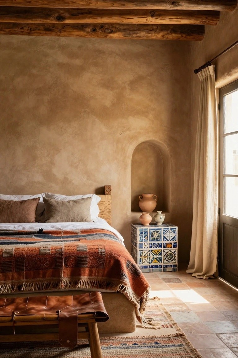 Rustic bedroom with terracotta walls, tiled nightstand, woven blanket, and leather bench.