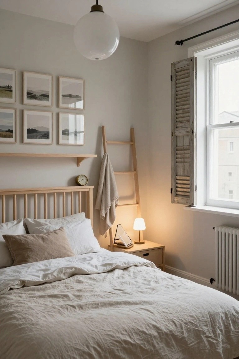Light wooden bed with white and beige pillows and linens in a neutral bedroom featuring a leaning oak ladder shelf with draped blanket, wall clock, photos, table lamp, and open shutters by the window.